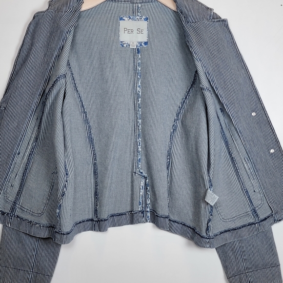 Per Se Pinstripe Distressed Cotton Blazer With Contrasting Cuff Print, EUC, szXL - Picture 7 of 10